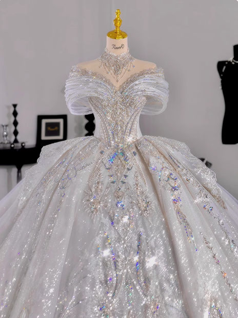 White princess French style high-end texture heavy luxury floor-length wedding dress P2485