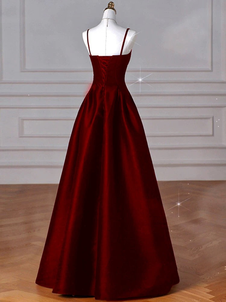 A-line Navy Blue Satin Straps Long Formal Dress Navy Blue Prom Dress P2490