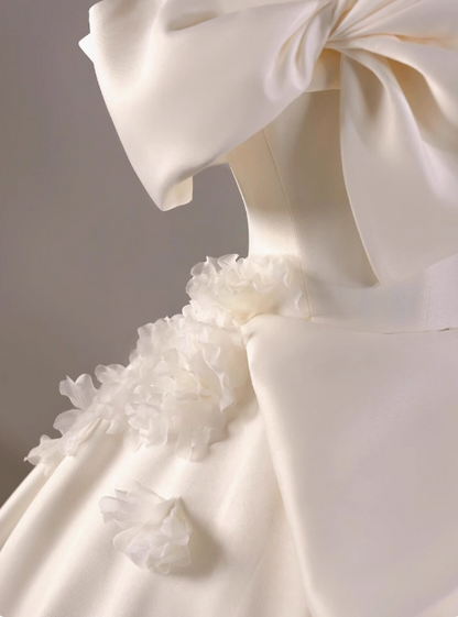 White satin A-line off-shoulder bow simple wedding dress P2498