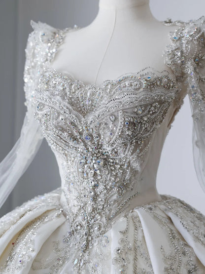 Shiny satin heavy rhinestone beaded vintage floor-length wedding dress P2507