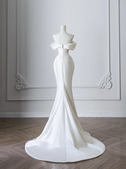 Simple White Mermaid Pleated One Shoulder Wedding Dress with Train P2508