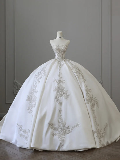 Elegant White Beaded Strapless Satin Floor-Length Wedding Dress P2512