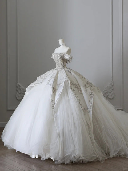Dreamy Tulle Off-the-shoulder Beaded Luxury Floor-length Wedding Dress P2513