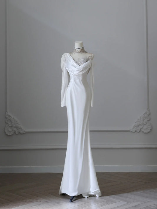 Elegant White Asymmetric Off-the-shoulder Long Sleeve Lace Applique Satin Mermaid Wedding Dress P2517