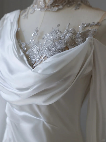Elegant White Asymmetric Off-the-shoulder Long Sleeve Lace Applique Satin Mermaid Wedding Dress P2517