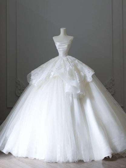 Elegant white off-shoulder lace tulle simple floor-length wedding dress P2523