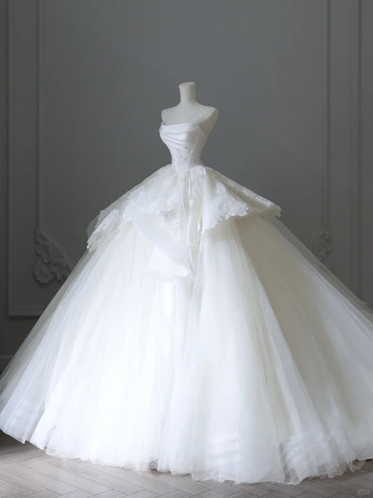 Elegant white off-shoulder lace tulle simple floor-length wedding dress P2523