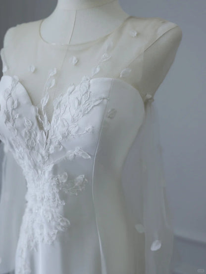 Elegant White Round Neck Lace Sleeveless Mermaid Satin Wedding Dress P2529