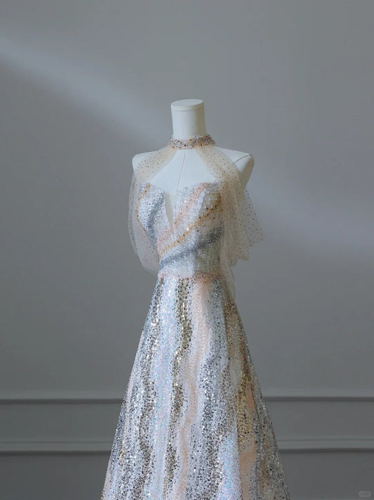 Unique and Elegant Colorblock Shiny Sequin Beaded Off-the-shoulder Floor-length Wedding Dress P2537