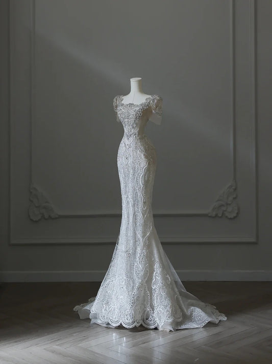 Illusion Square Neck Shiny Beaded Mermaid Lace Wedding Dress P2542
