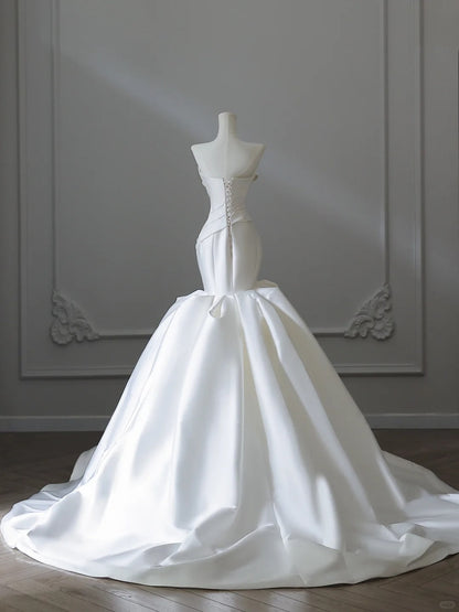 Elegant White Strapless Satin Mermaid Simple Wedding Dress P2543