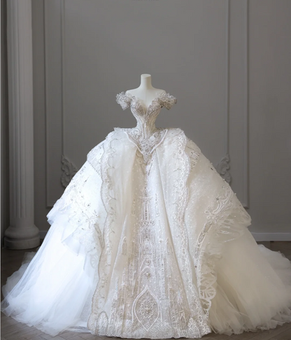 Luxury Castle White Off-the-shoulder Beaded Tulle Floor-length Wedding Dress P2605