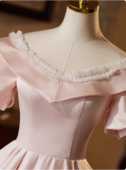Princess Pink Satin Short Sleeve A-Line Wedding Dress P2627
