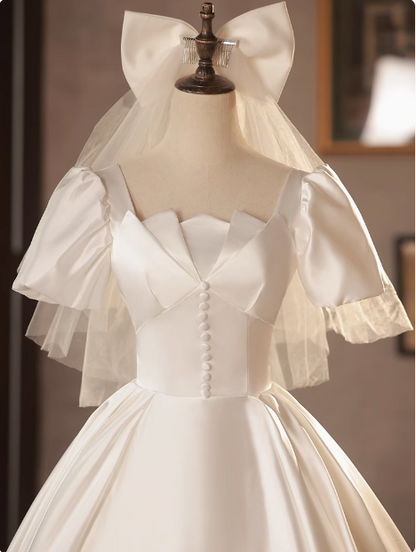 French White Satin Short Sleeve Tea Length A-Line Wedding Dress P2629