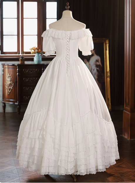 French One Shoulder Satin Layered Lace A-Line Wedding Dress P2636