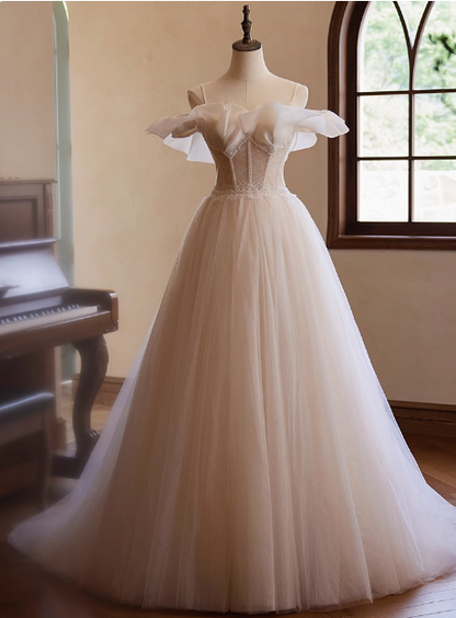 Elegant and flowing white strapless tulle beaded A-line wedding dress P2638