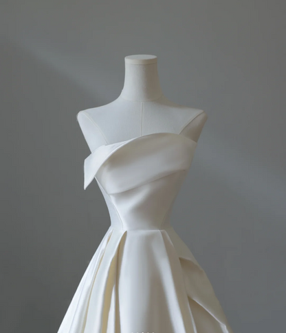 Simple and Elegant White Satin A-Line Wedding Dress P2571