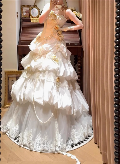 French retro corset 3D floral cake dress wedding gown P2686