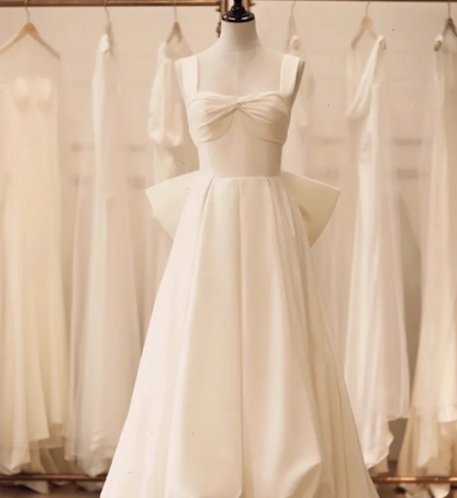 White princess strap satin backless bow high low wedding dress P2693