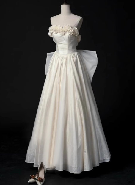 French style tube top 3D flower bow tie back A-line wedding dress P2715