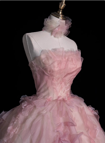 Princess Pink Strapless Floral Tulle Floor-Length Wedding Dress P2753