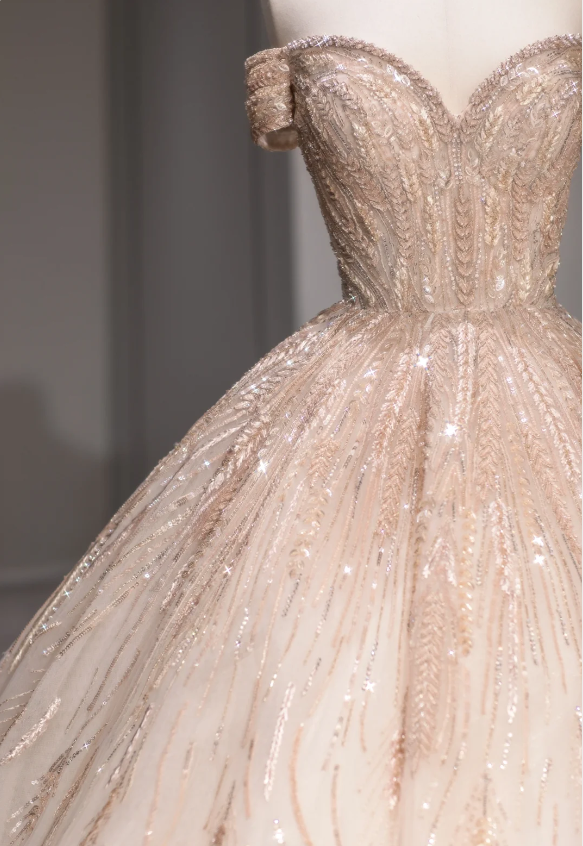 Princess Pink Off-shoulder Shiny Tulle A-line Wedding Dress with Train P2869