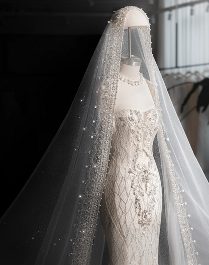 Shiny Mermaid Slim Tulle Sleeve Lace Wedding Dress P2889