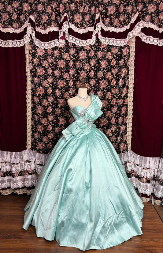 Beautiful mint green thick satin A-line wedding dress with big bow P2980