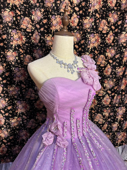 One-shoulder purple diamond striped three-dimensional flower back strap wedding dress P3013