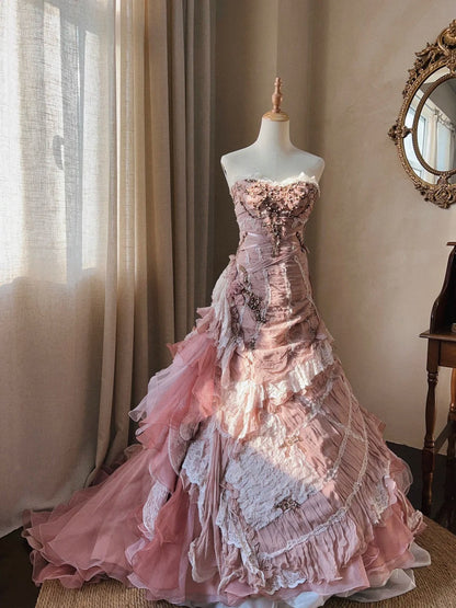 Beautiful Pink Rose Slim Skirt Pleated French Lace Mermaid Wedding Dress P3068