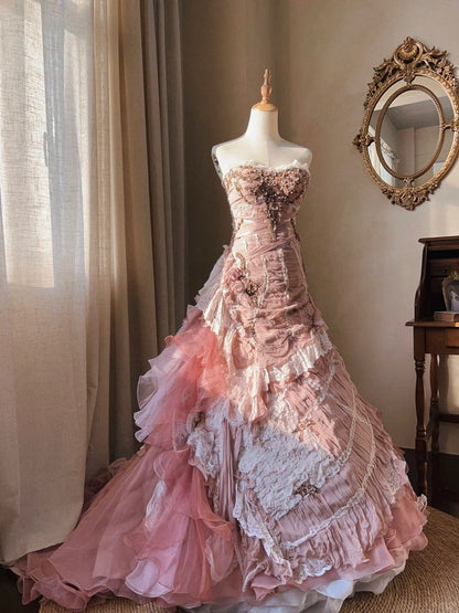 Beautiful Pink Rose Slim Skirt Pleated French Lace Mermaid Wedding Dress P3068