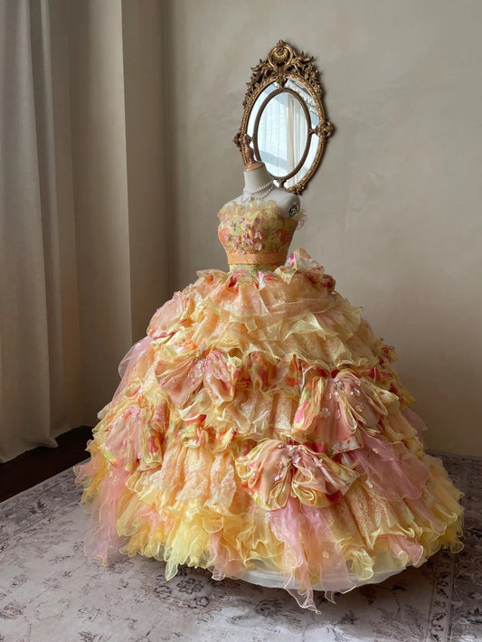 Shining heavy flower layer cake golden pattern lace three-dimensional flower wood ear tulle wedding dress P3073