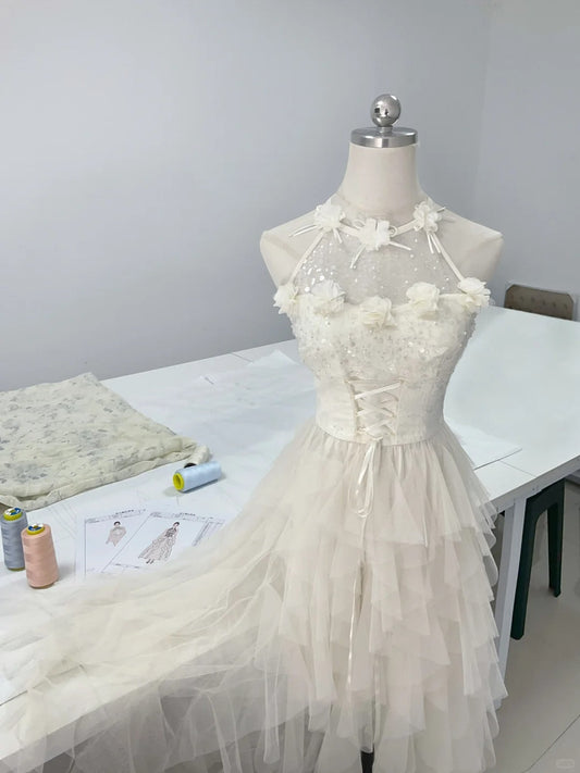 Elegant and smart white three-dimensional flower heavy sequin layered tulle homecoming dress P3159