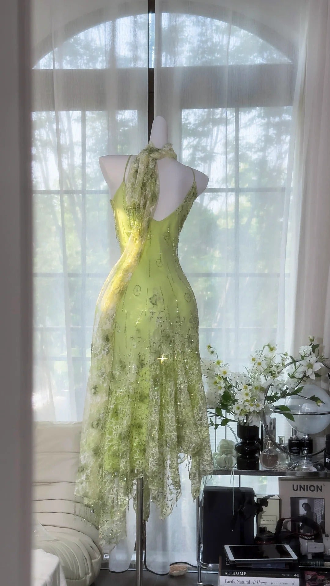 Shiny Green Beaded Straps Chiffon Irregular Skirt Prom Dress P3259