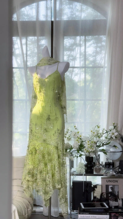 Shiny Green Beaded Straps Chiffon Irregular Skirt Prom Dress P3259