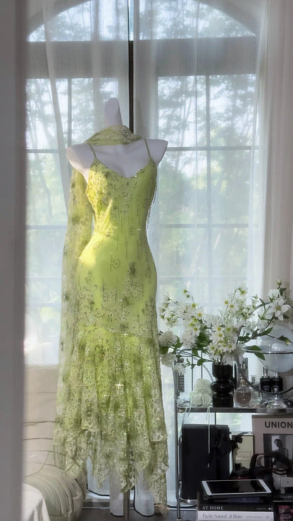 Shiny Green Beaded Straps Chiffon Irregular Skirt Prom Dress P3259
