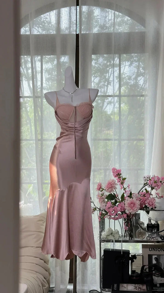 Simple Pink Mermaid Spaghetti Strap Satin Tulle Evening Dress Party Dress SH3798