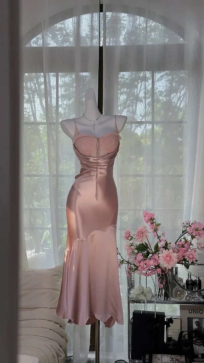 Simple Pink Mermaid Spaghetti Strap Satin Tulle Evening Dress Party Dress SH3798