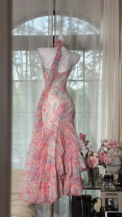 Flowy pink printed chiffon multi-layered skirt mermaid evening gown Prom Dress P3262