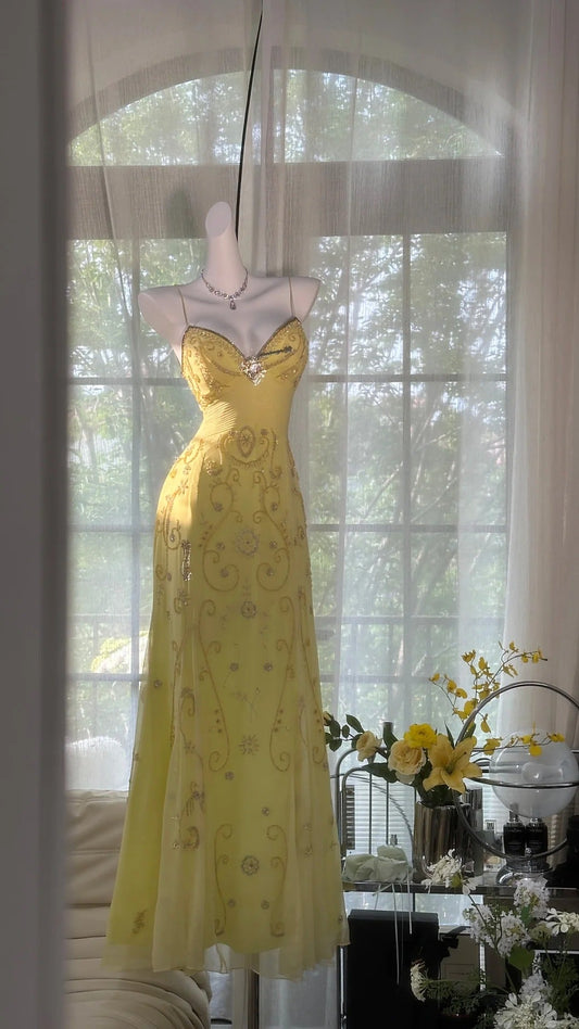 Flowy Yellow Spaghetti Strap Chiffon Beaded Mermaid Evening Gown Prom Dress P3272