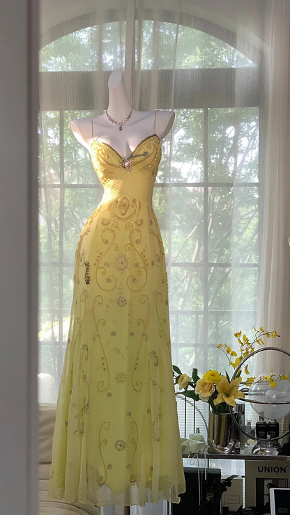 Flowy Yellow Spaghetti Strap Chiffon Beaded Mermaid Evening Gown Prom Dress P3272