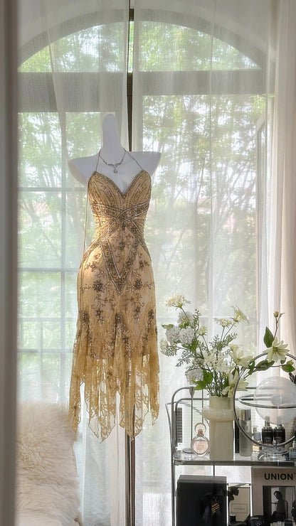 Retro luxury V-neck lace beaded irregular skirt prom dress P3276