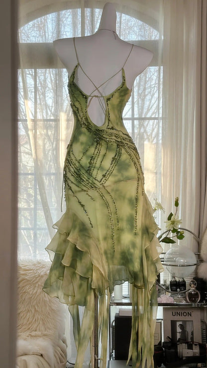 Fresh Rendering Green Beaded Chiffon Irregular Skirt Prom Dress P3289