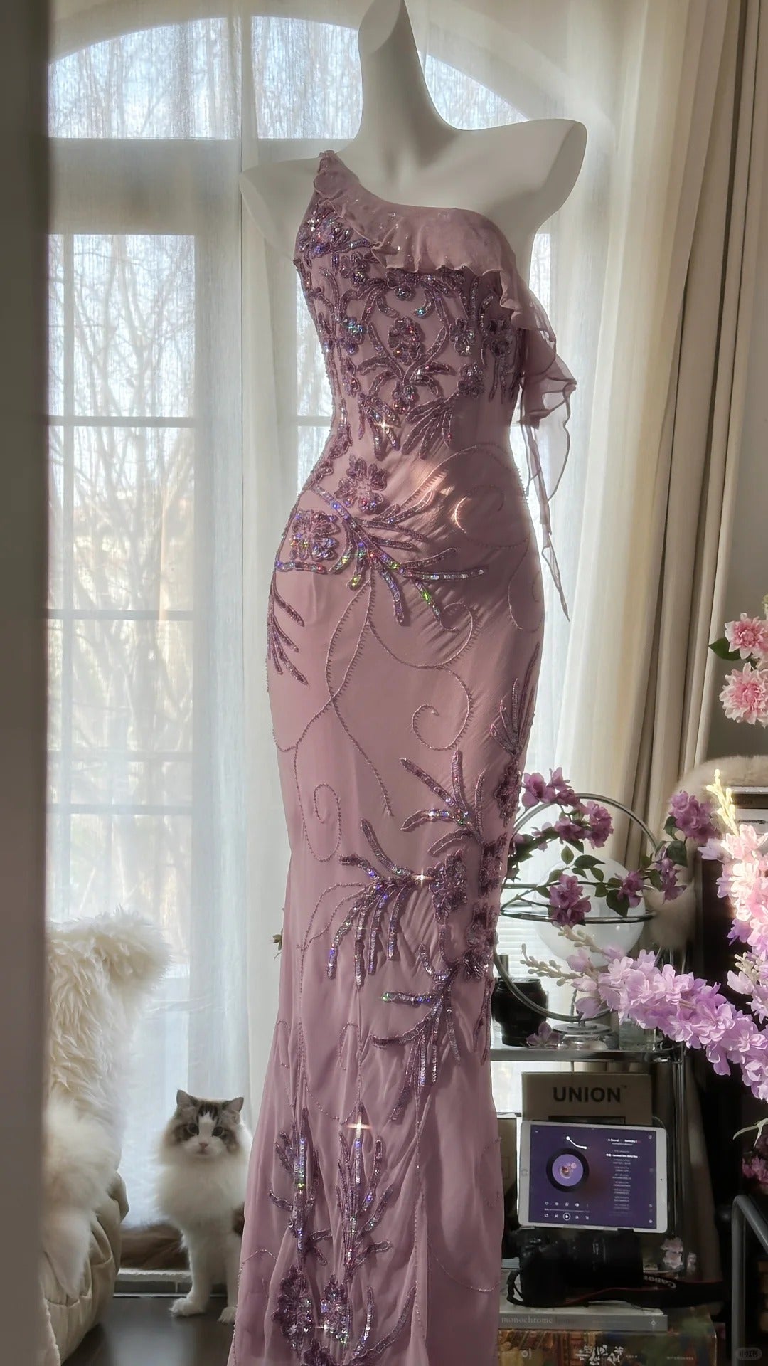 Pink Gradient Pink Fairy Beaded Chiffon Mermaid Evening Dress Prom Dress P3291