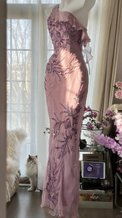 Pink Gradient Pink Fairy Beaded Chiffon Mermaid Evening Dress Prom Dress P3291