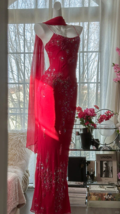 Shiny Beaded Red Mermaid Chiffon Evening Gown Prom Dress P3304
