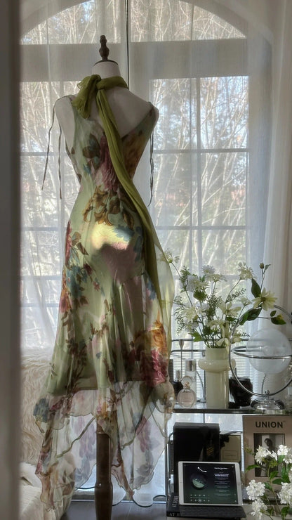 Vintage Green Oil Painting Chiffon Print Irregular Skirt Prom Dress P3312