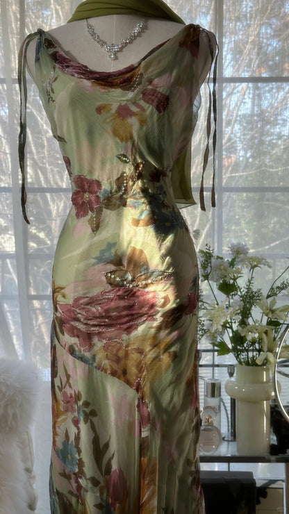 Vintage Green Oil Painting Chiffon Print Irregular Skirt Prom Dress P3312