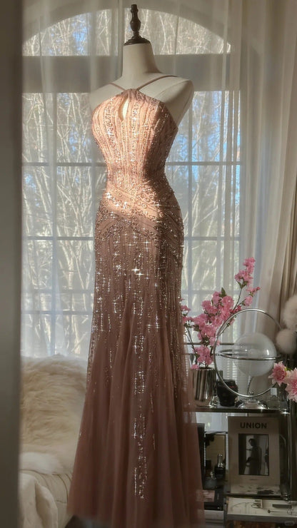 Shiny Pink Beaded Chiffon Mermaid Princess Long Prom Dress P3313