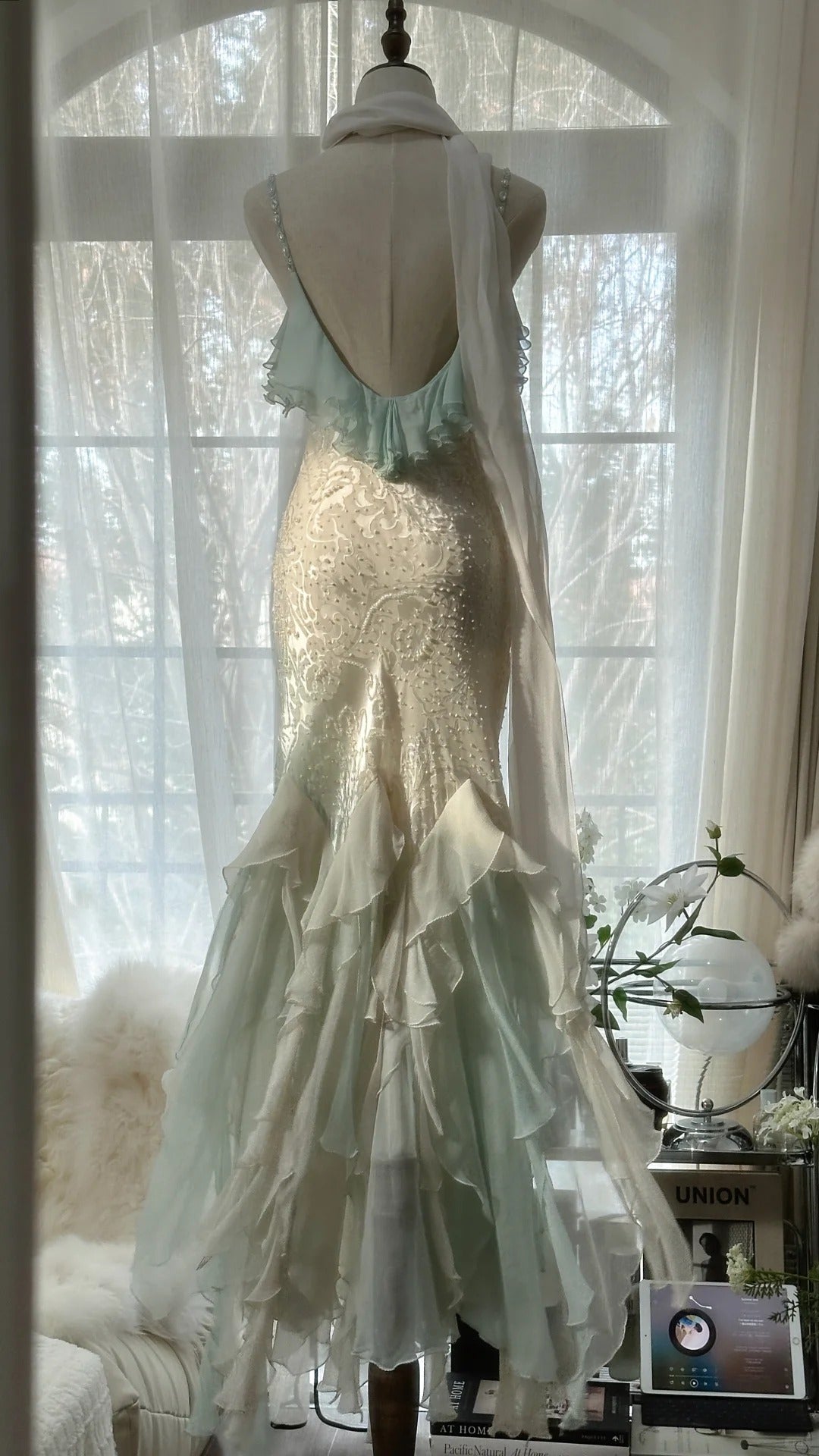 Beautiful Light Blue V-neck Ruffled Beaded Chiffon Mermaid Long Prom Dress P3319